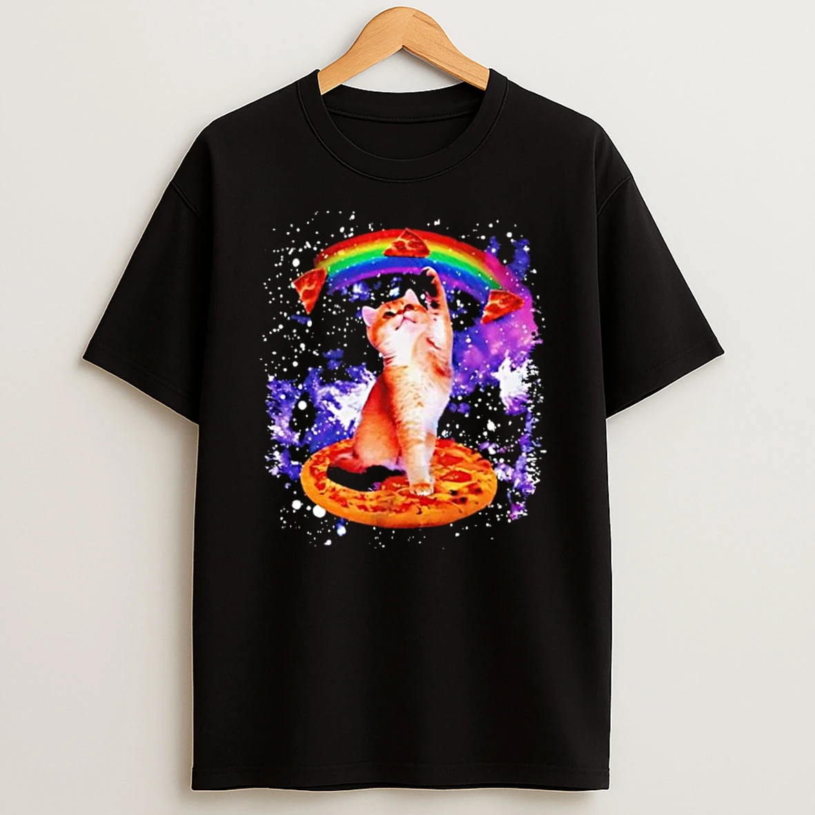 Space Galaxy Cat Rainbow Pizza Floating Slices Shirts