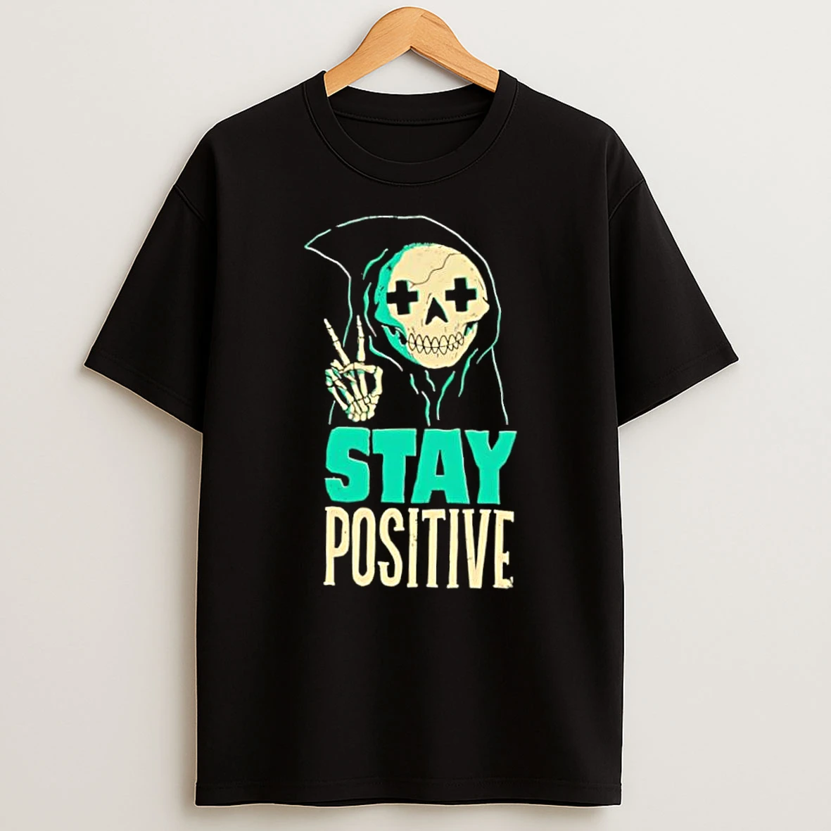 Stay Positive Skeleton Reaper Making Peace Sign Skeleton Hand Gesture Shirts