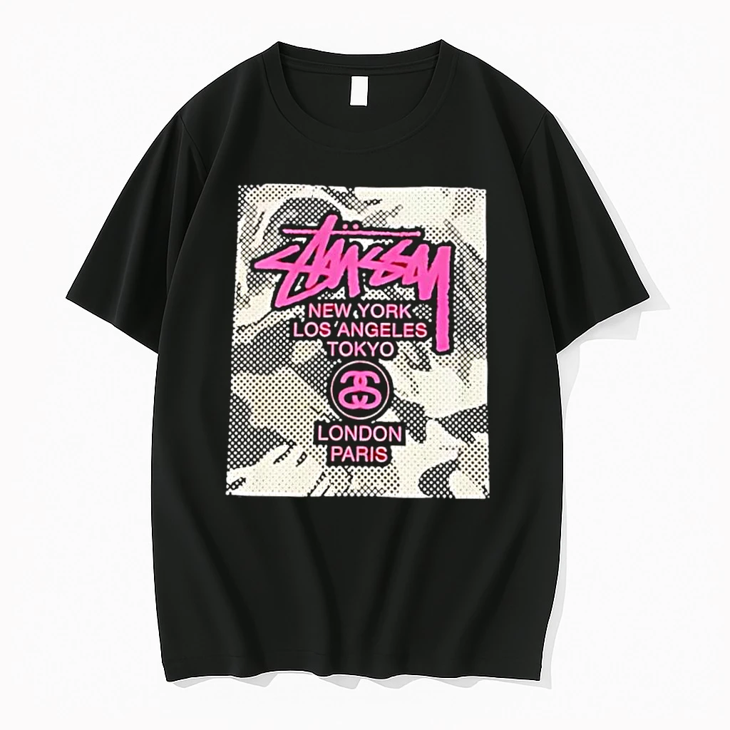 Stussy New York Los Angeles Tokyo London Paris Pink Graphic Logo Shirts