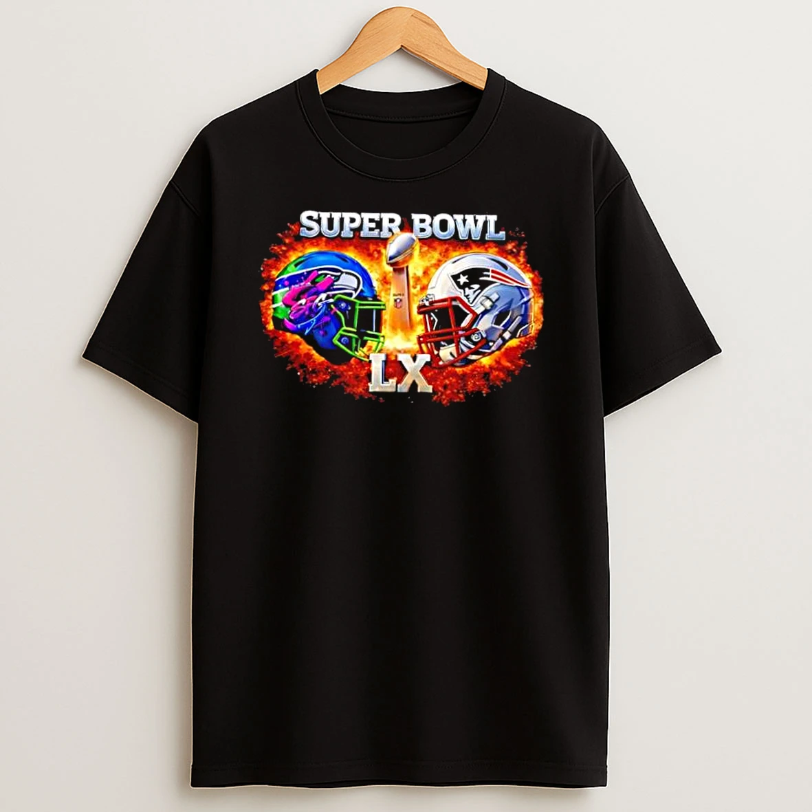 Super Bowl Lx Seahawks Vs Patriots Fire Helmets Trophy Graphic Shirts