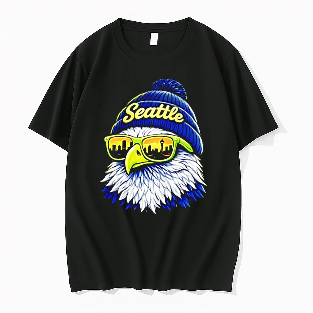 Top Seattle Script Beanie Eagle Head Sunglasses Reflecting City Skyline Shirts