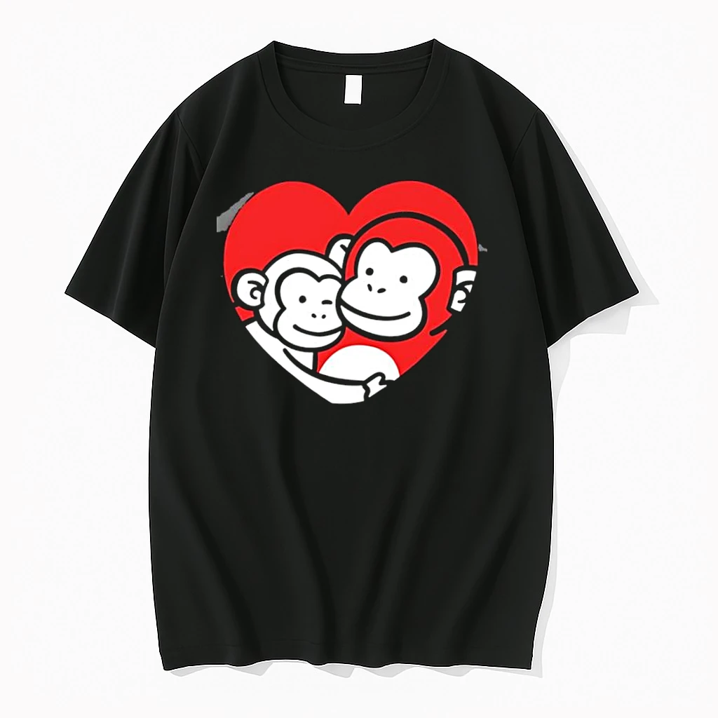 Two Monkeys Hugging In Red Heart Cartoon Graphic Shirts