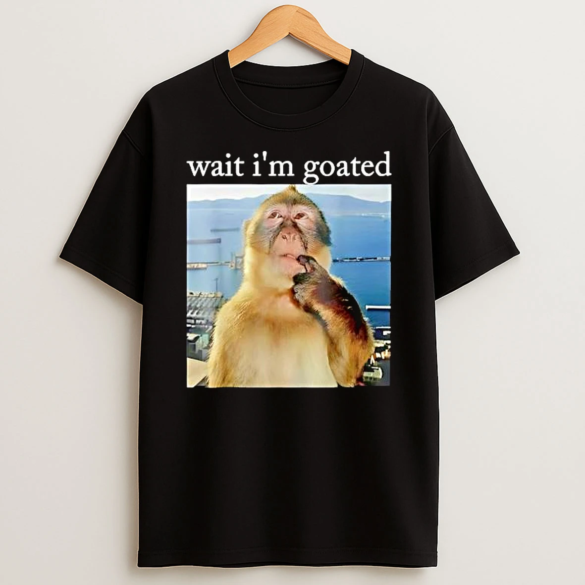 Wait Im Goated Pensive Monkey Thinking Sea Background Shirts