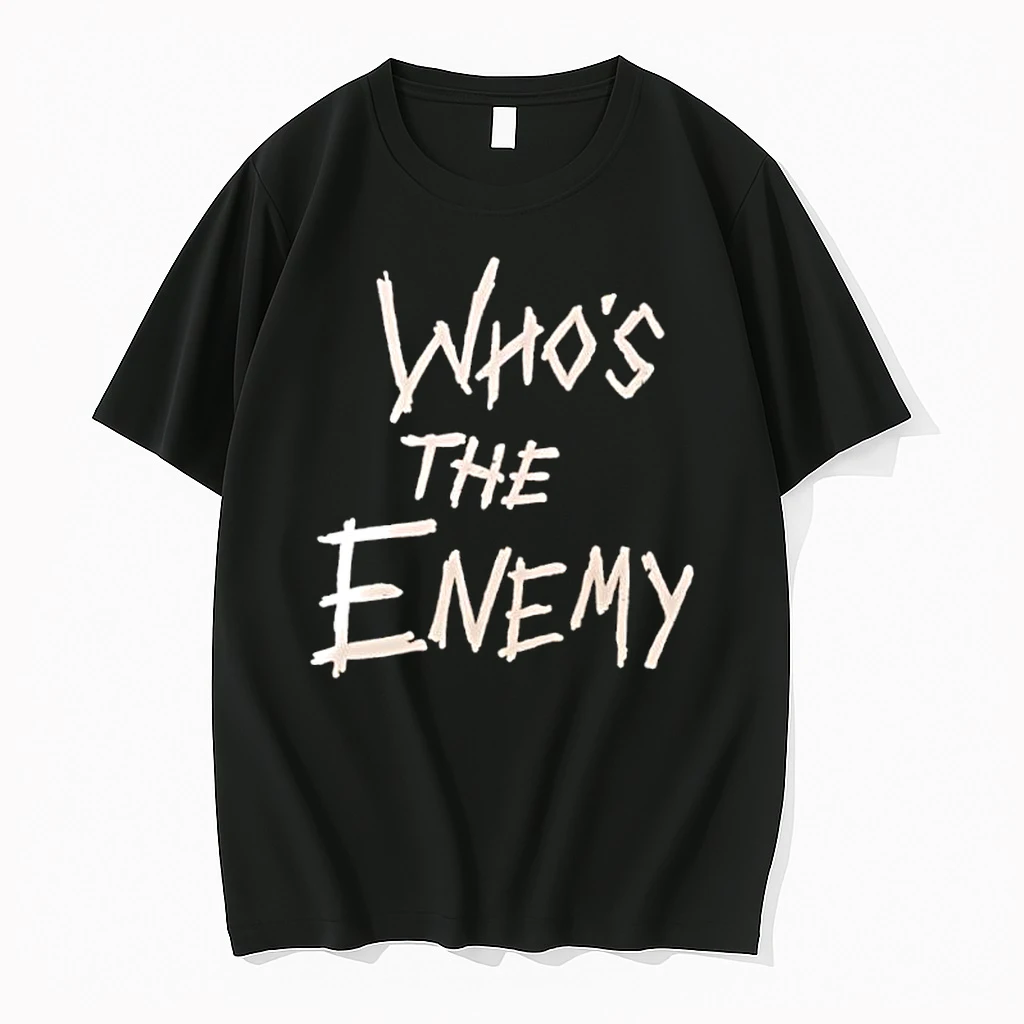 Whos The Enemy Distressed Horror Movie Style Font Shirts