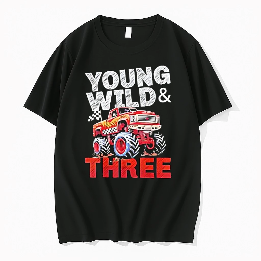 Young Wild And Three Red Monster Truck Racing Birthday Boy Shirts