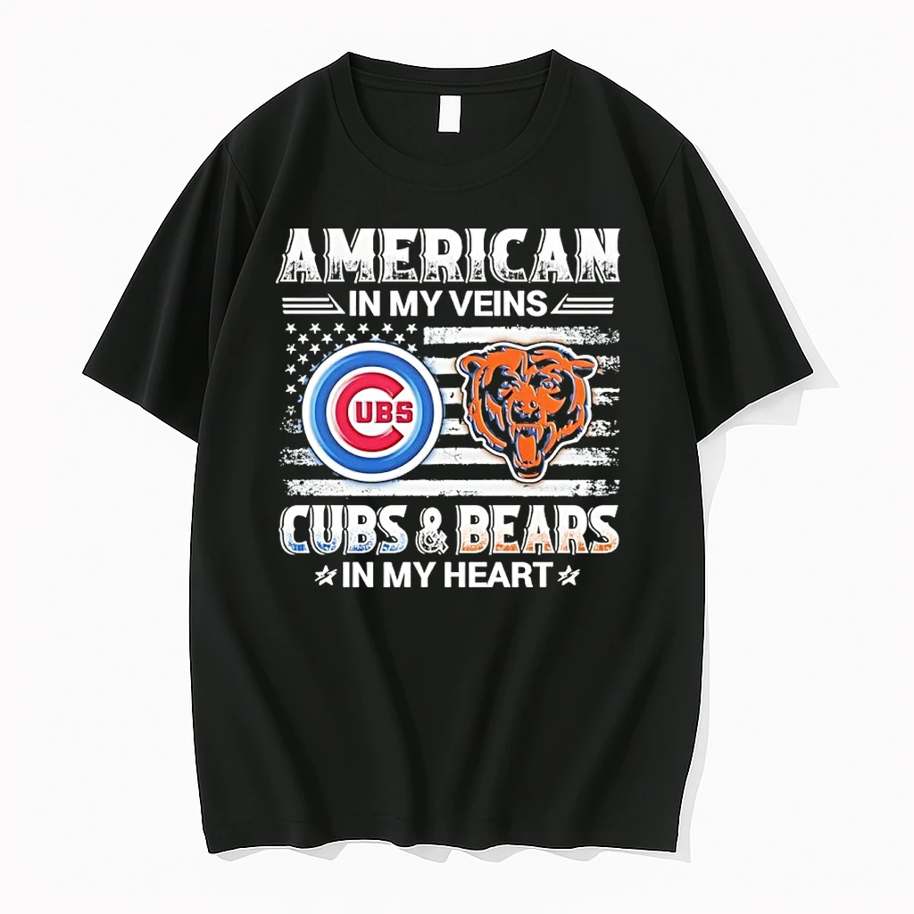 American In My Veins Chicago Cubs And Chicago Bears In My Heart Usa Flag Shirts