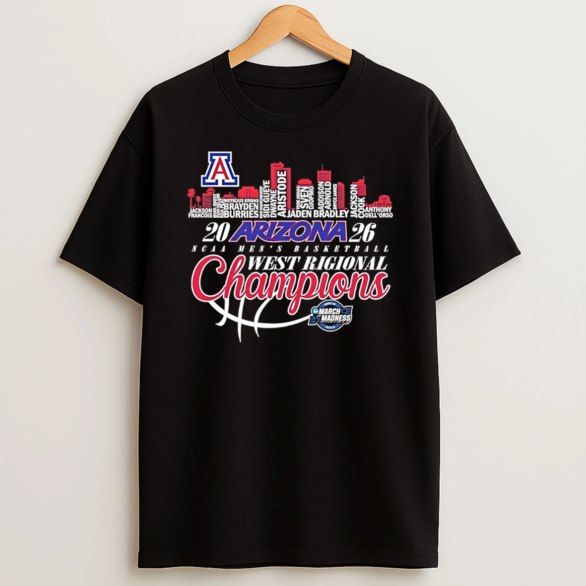 Arizona Wildcats 2026 Ncaa Mens Basketball West Regional Champions Skyline Shirts