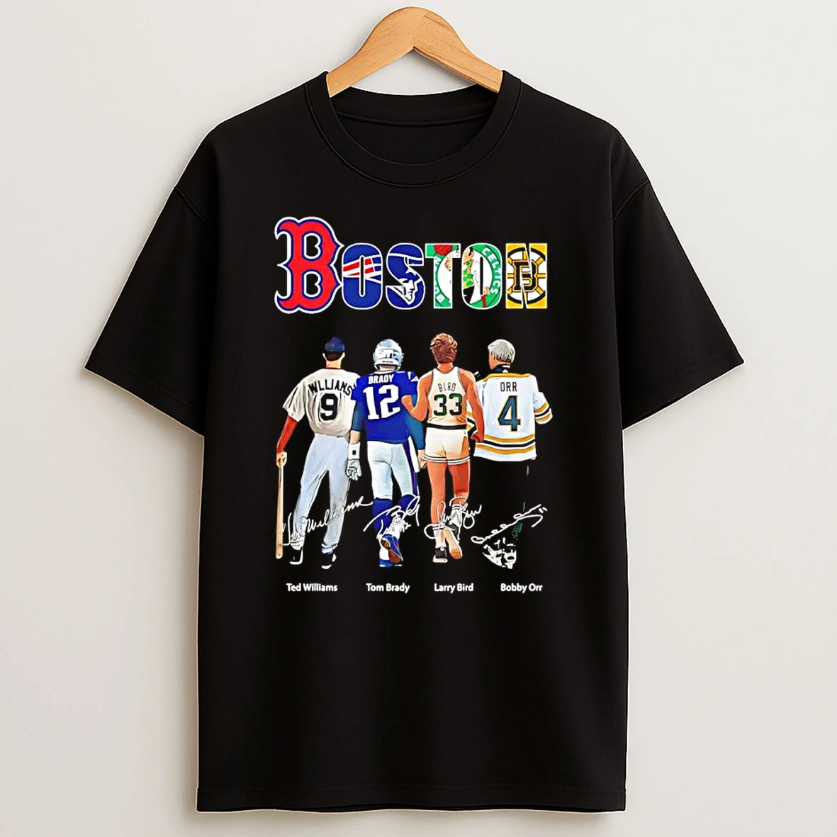 Boston Sports Legends Ted Williams Tom Brady Larry Bird Bobby Orr Signature Shirts
