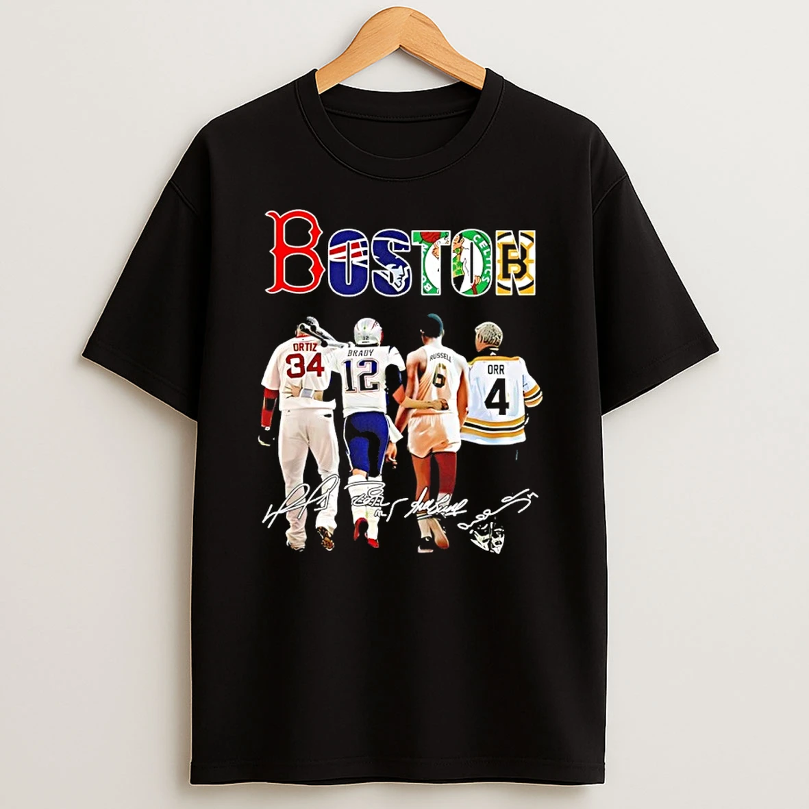 Boston Sports Team David Ortiz Tom Brady Bill Russell Bobby Orr Signatures Shirts