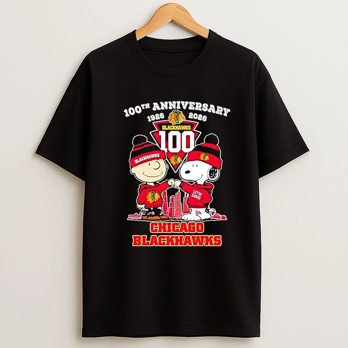 Charlie Brown Fist Bump Snoopy 100th Anniversary 1926 2026 Chicago Blackhawks Skyline Shirts