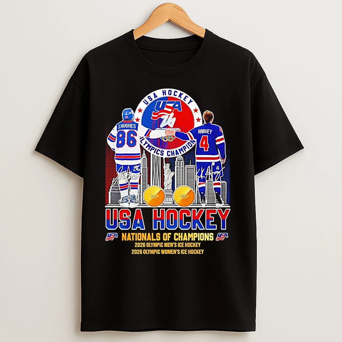 Classic Golden Glory Team Usa Hockey 2026 National Champions City Skyline T Shirts