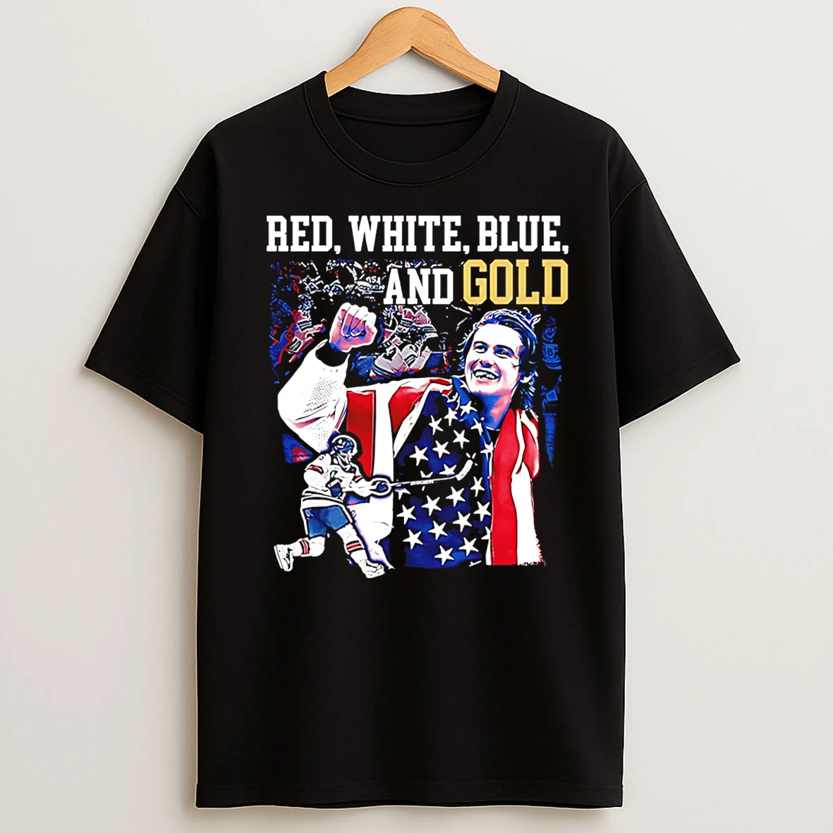Classic Jack Hughes Red White Blue And Gold Usa Hockey 2026 Olympics Champions T Shirts