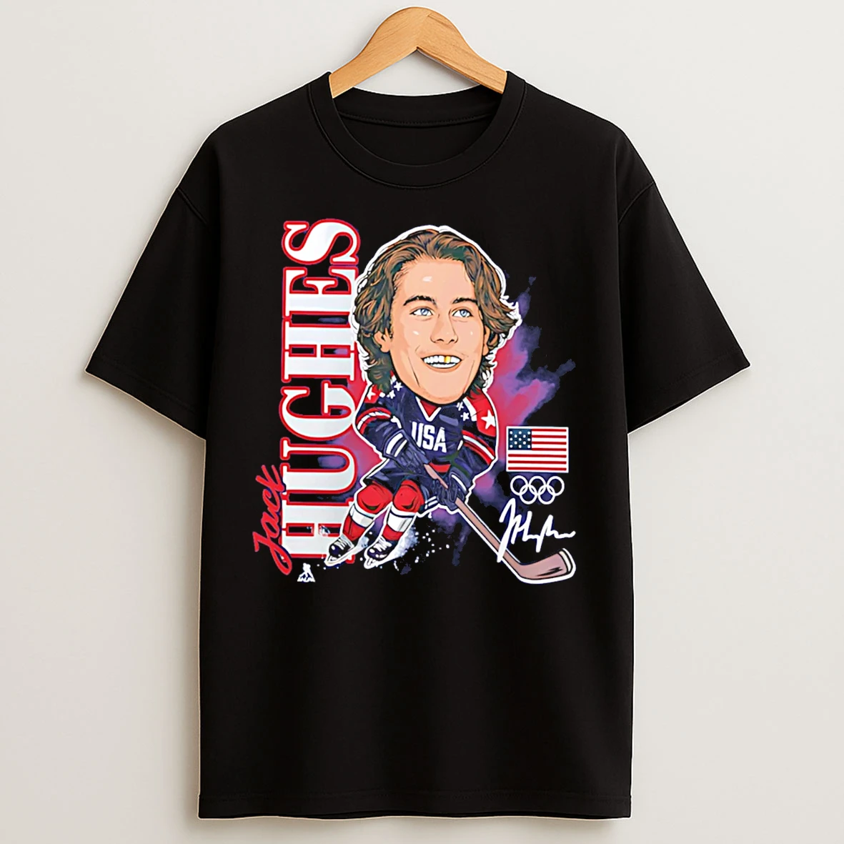 Classic Jack Hughes Us Mens Olympic Hockey Gold Medal Caricature T Shirts