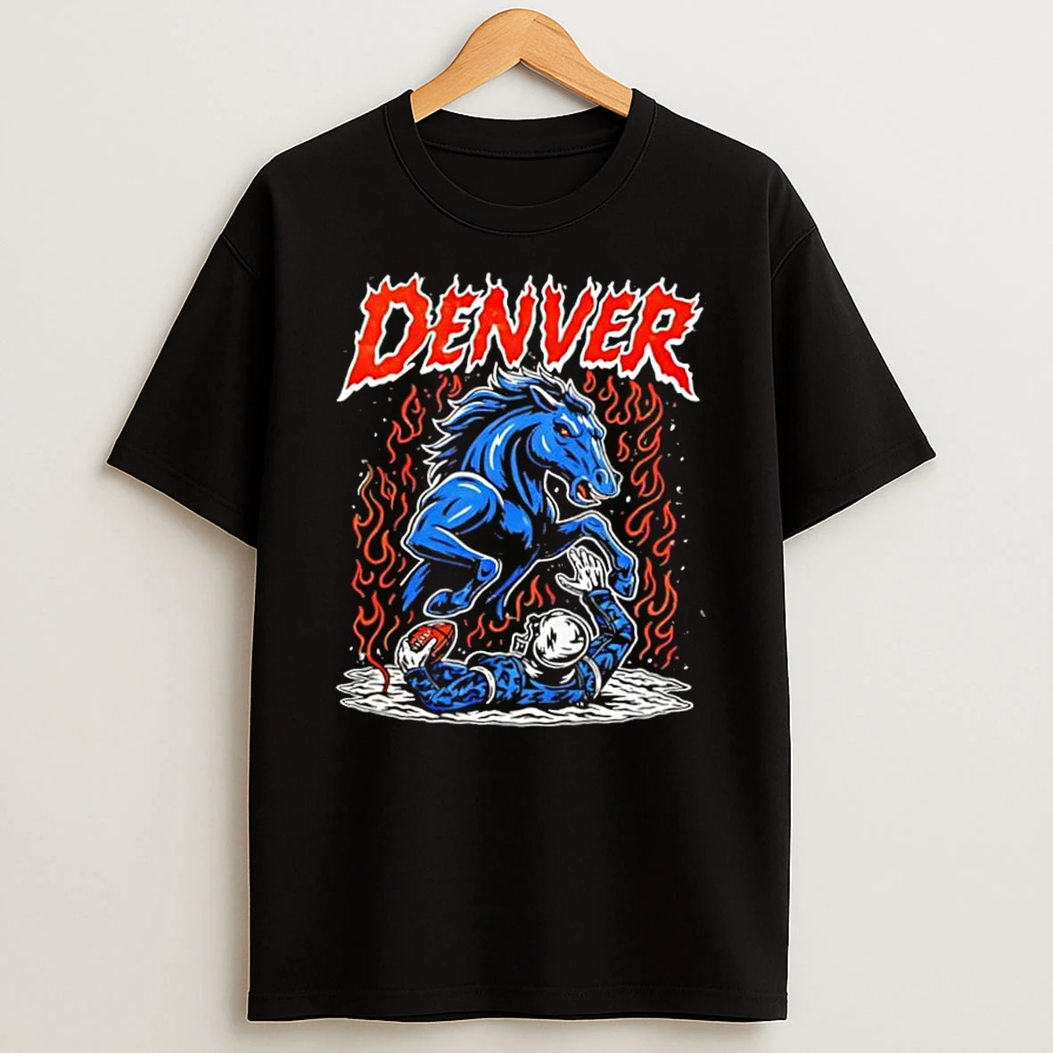 Denver Broncos Blue Horse Fire Football Player Grounded Graphic Shirts