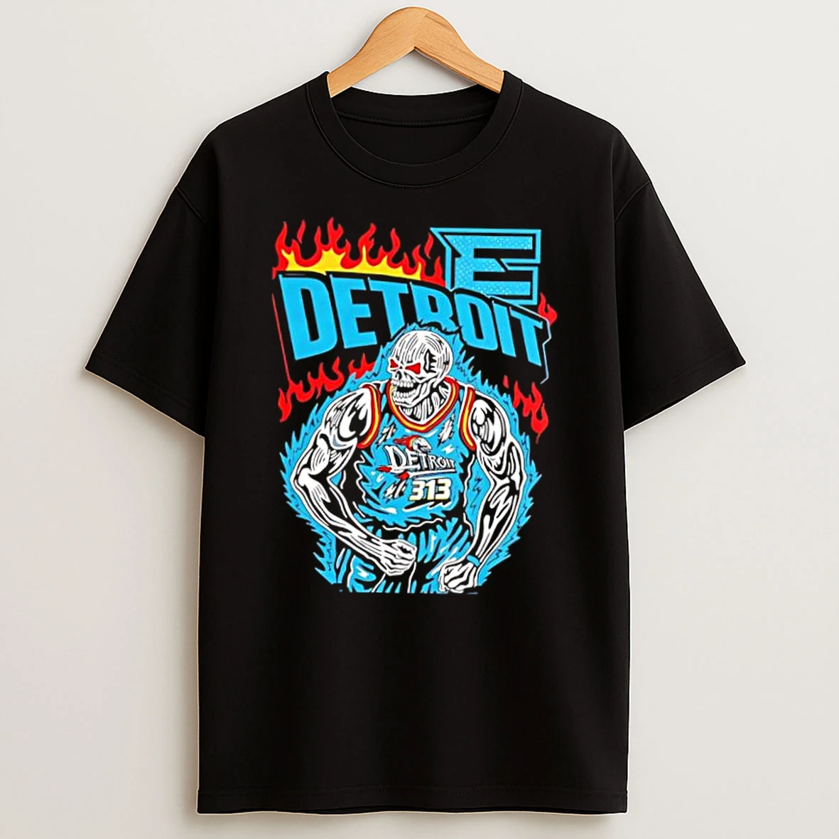 Detroit Pistons 313 Basketball Skeleton Muscles Flame Shirts