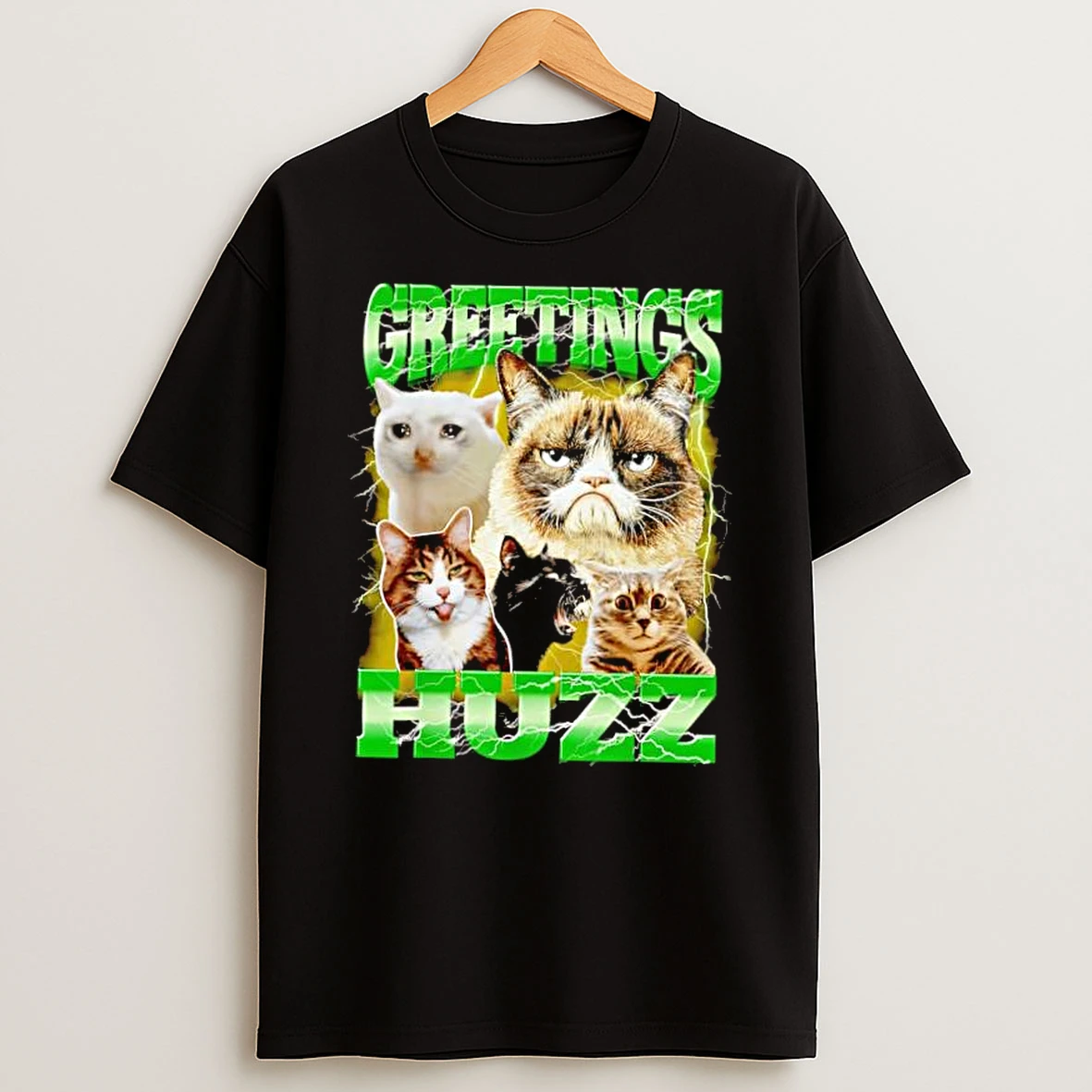 Greetings Huzz Lightning And Famous Meme Cats Shirts