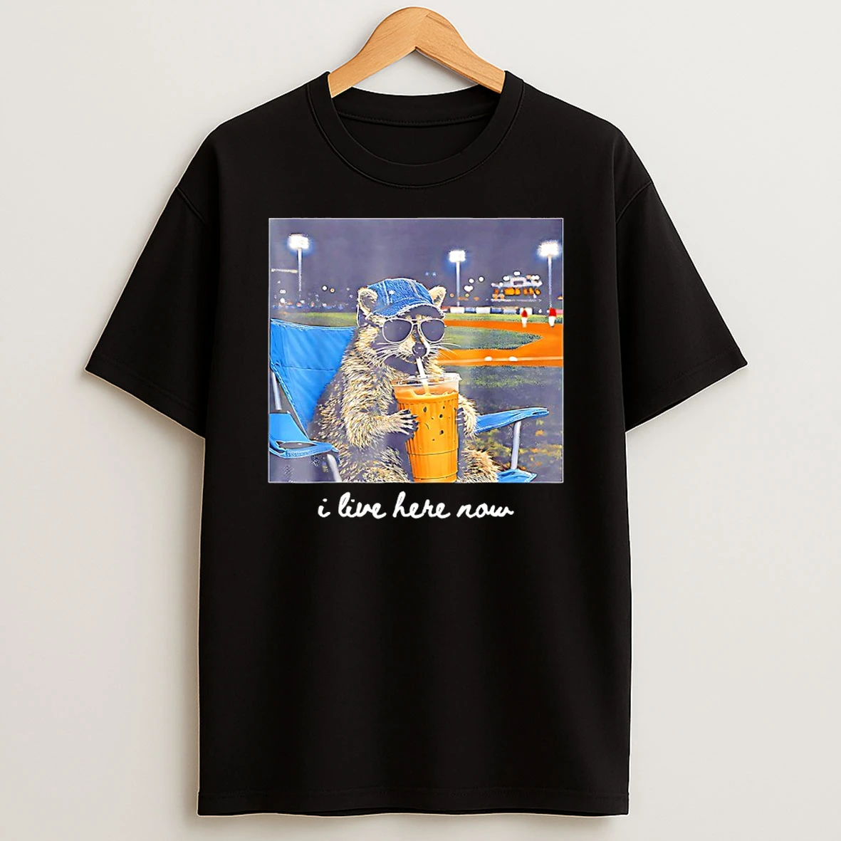 I Live Here Now Raccoon Baseball Mama Shirts
