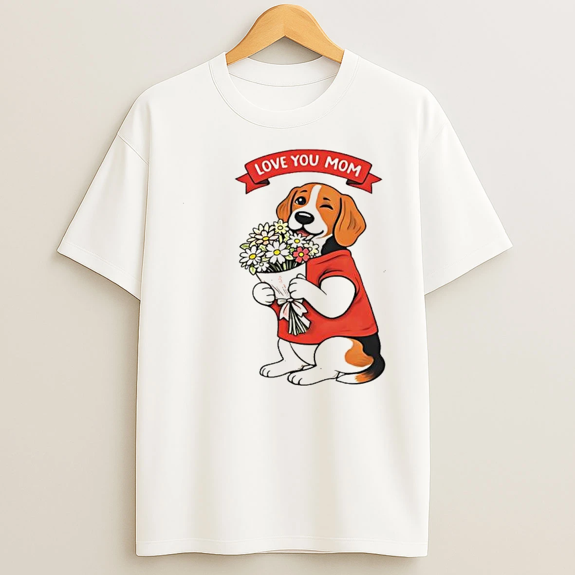 Love You Mom Beagle Dog Holding Flowers Shirts