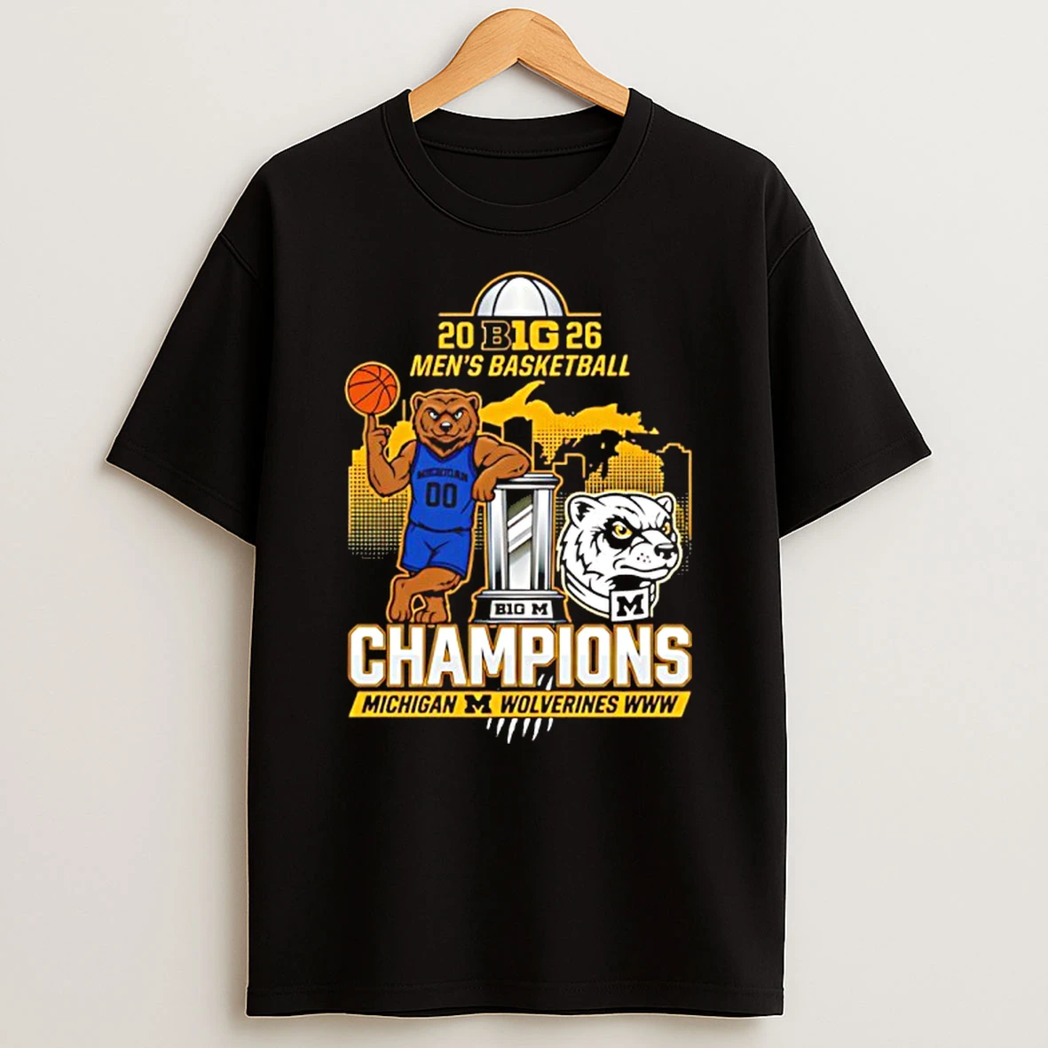 Michigan Wolverines Big Mens Basketball Champions 2026 Mascot Trophy Shirts