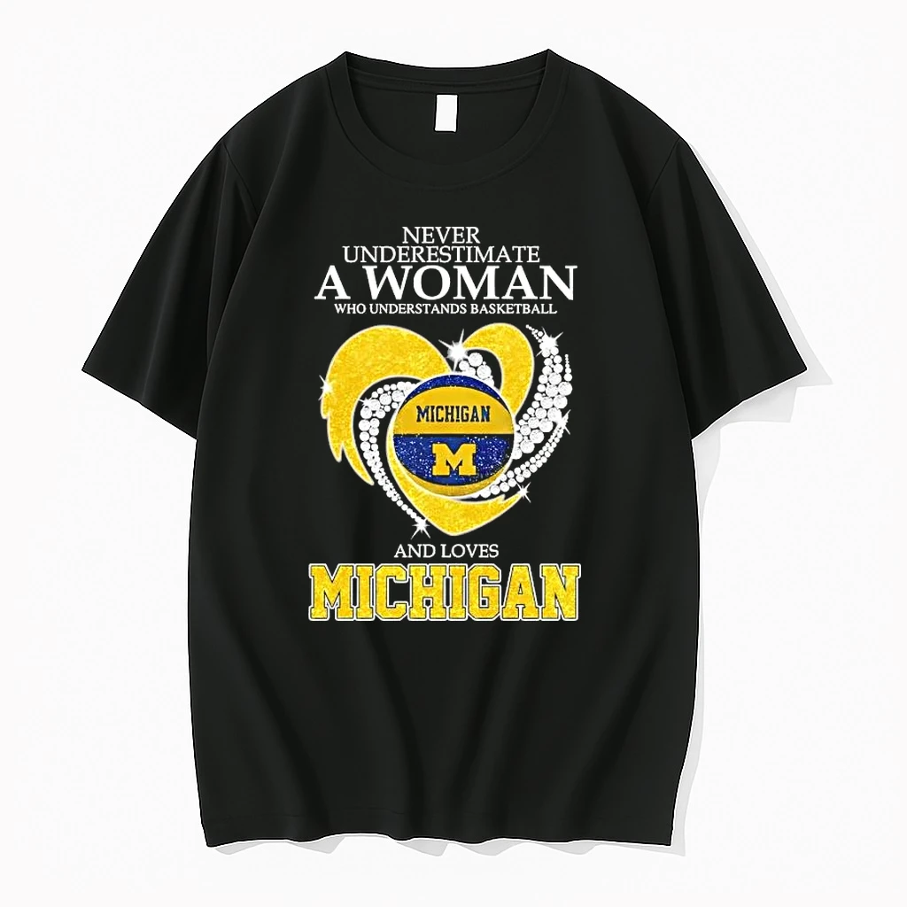 Never Underestimate A Woman Who Understands Basketball And Loves Michigan Wolverines Glitter Heart Shirts