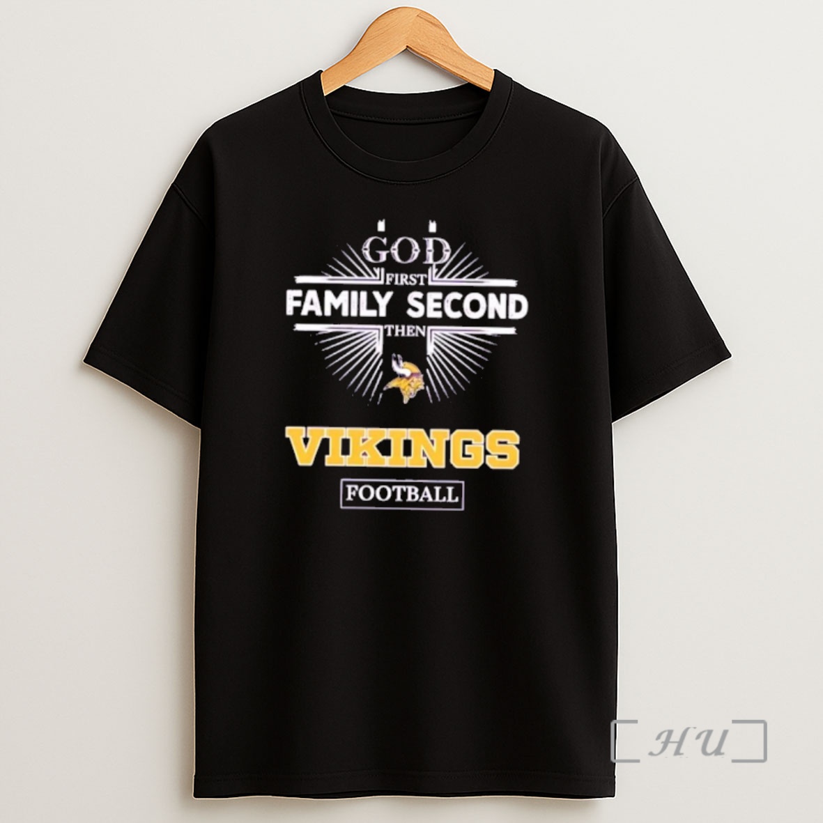 Officials God First Family Second Then Vikings Logo Football Shirt Sweatshirt Tee