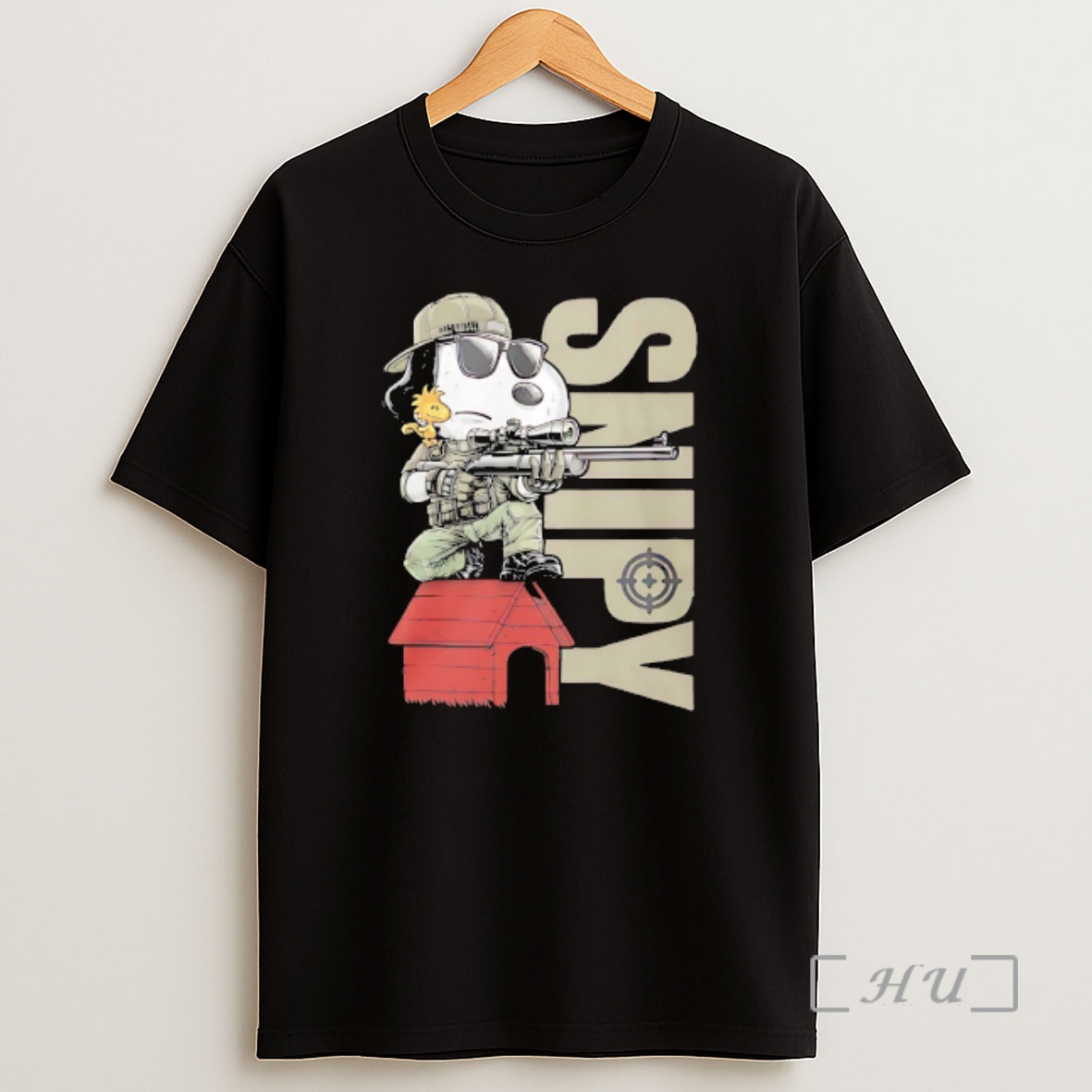 Officials Snoopy Sniper And Woodstock Sitting On Doghouse Shirt Sweatshirt Tee