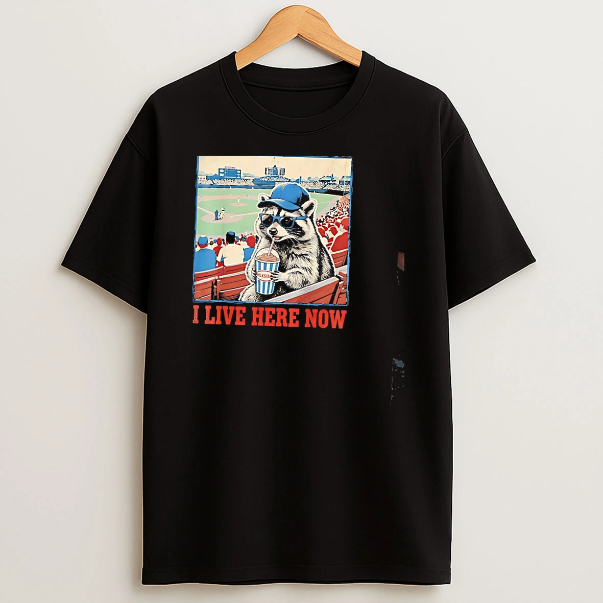 Raccoon Baseball Field I Live Here Now Softball Mama Shirts