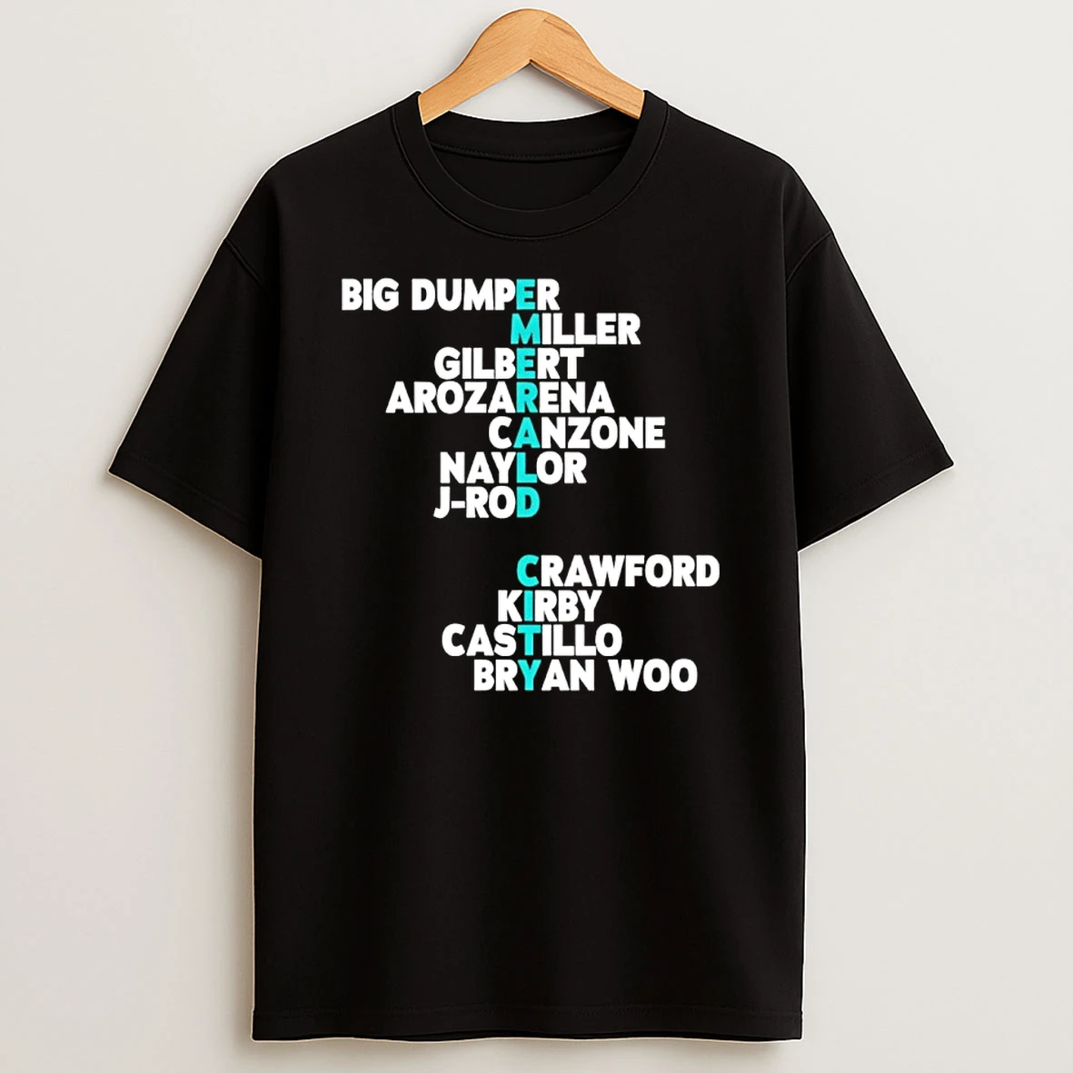 Seattle Mariners 2026 Emerald City Names Player Big Dumper Miller Gilbert Shirts