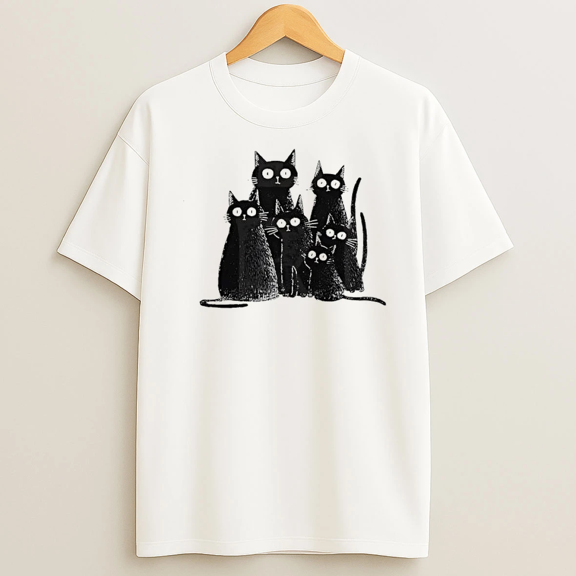 Six Black Cats With Big Eyes Artistic Drawing Shirts