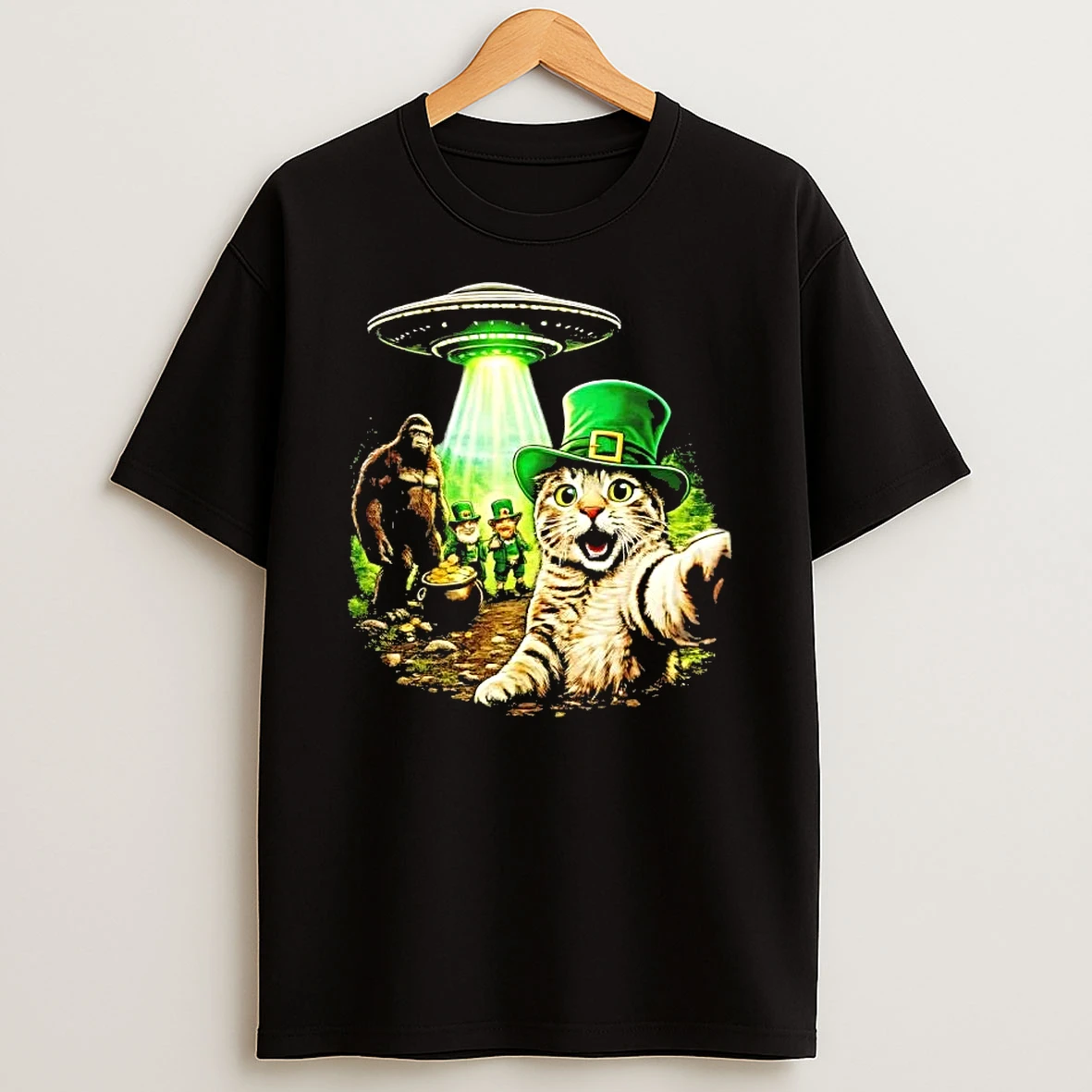 St Patricks Day Cat Selfie Leprechaun Bigfoot Ufo Shirts