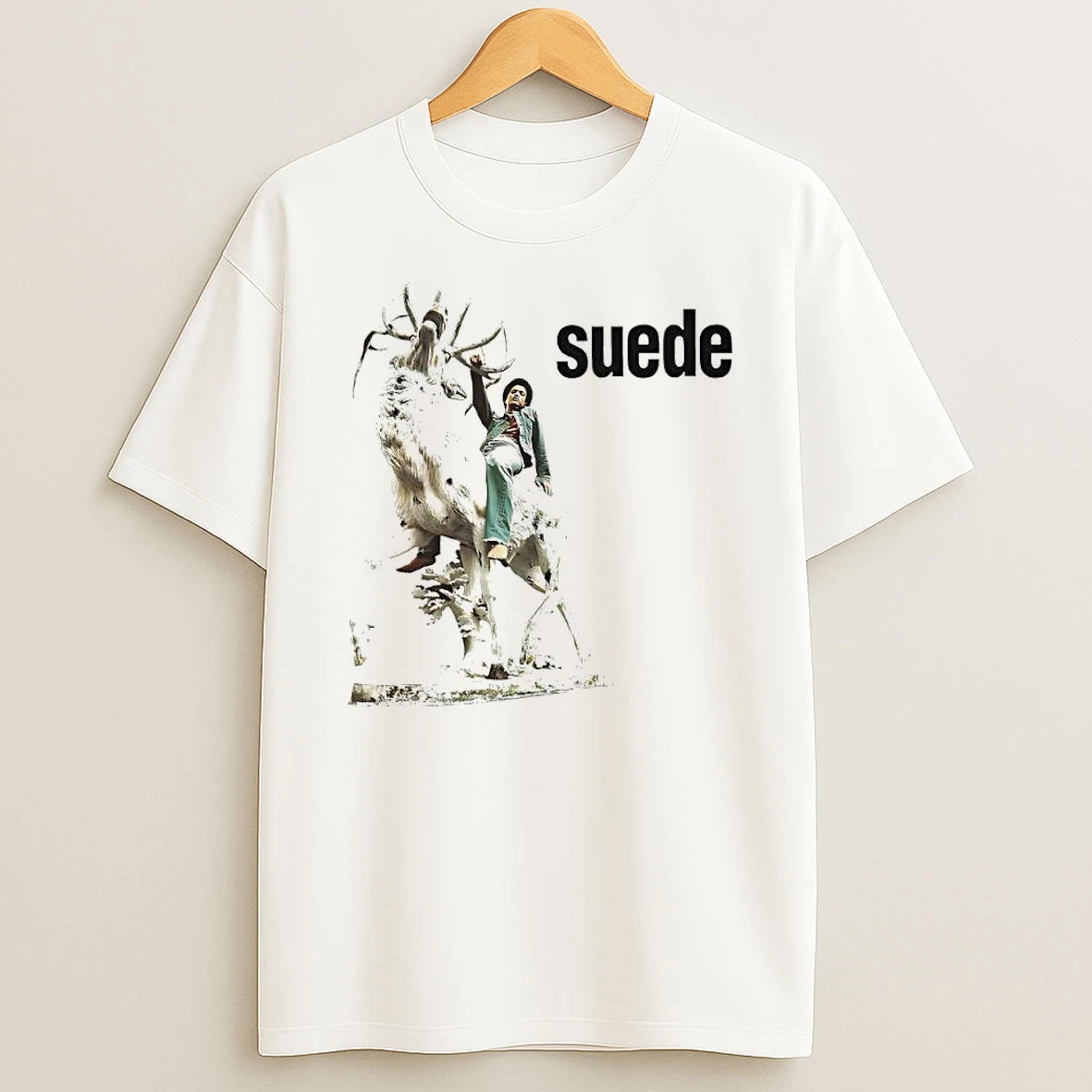 Suede Band Person Riding A Deer Statue Shirts