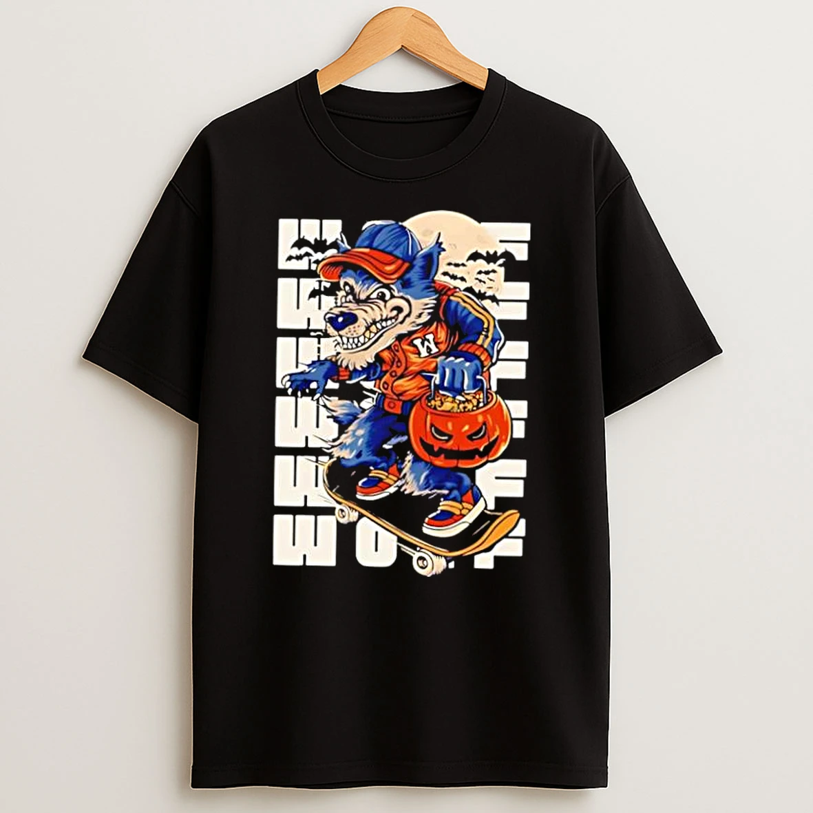 Werewolf Skateboarder With Halloween Pumpkin And Full Moon Shirts