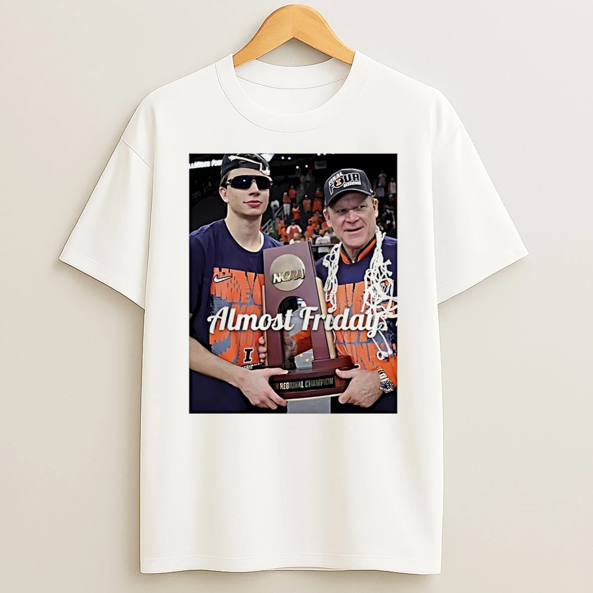 Brad Underwood And Andrej Stojakovic Celebrate Win 2026 Ncaa Tournament South Region Championship Trophy Almost Fri