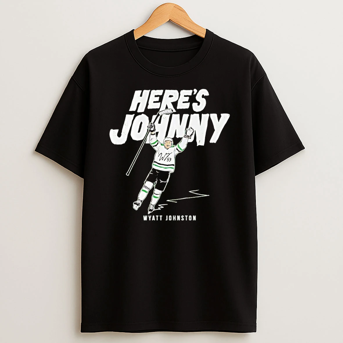 Dallas Stars Wyatt Johnston Heres Johnny Signature Shirts