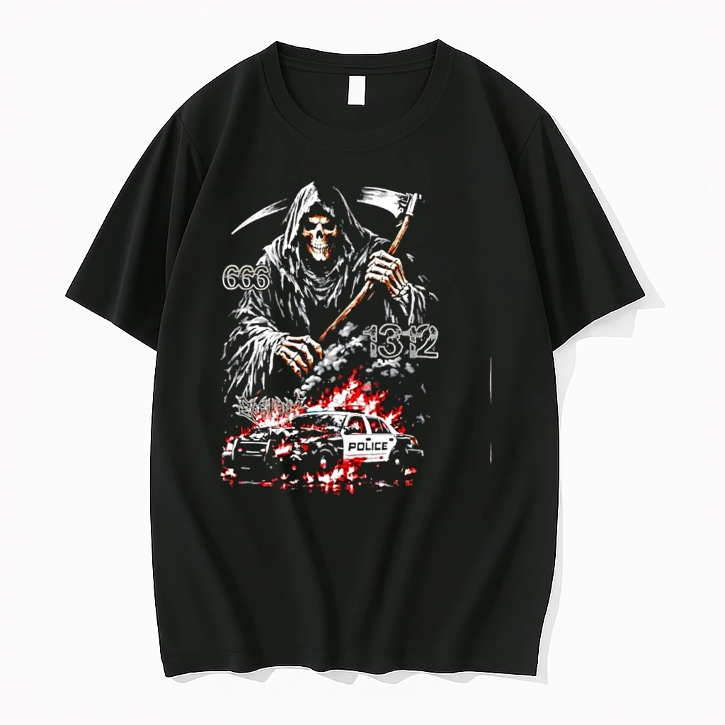 Grim Reaper Scythe 666 1312 Burning Police Car Shirts