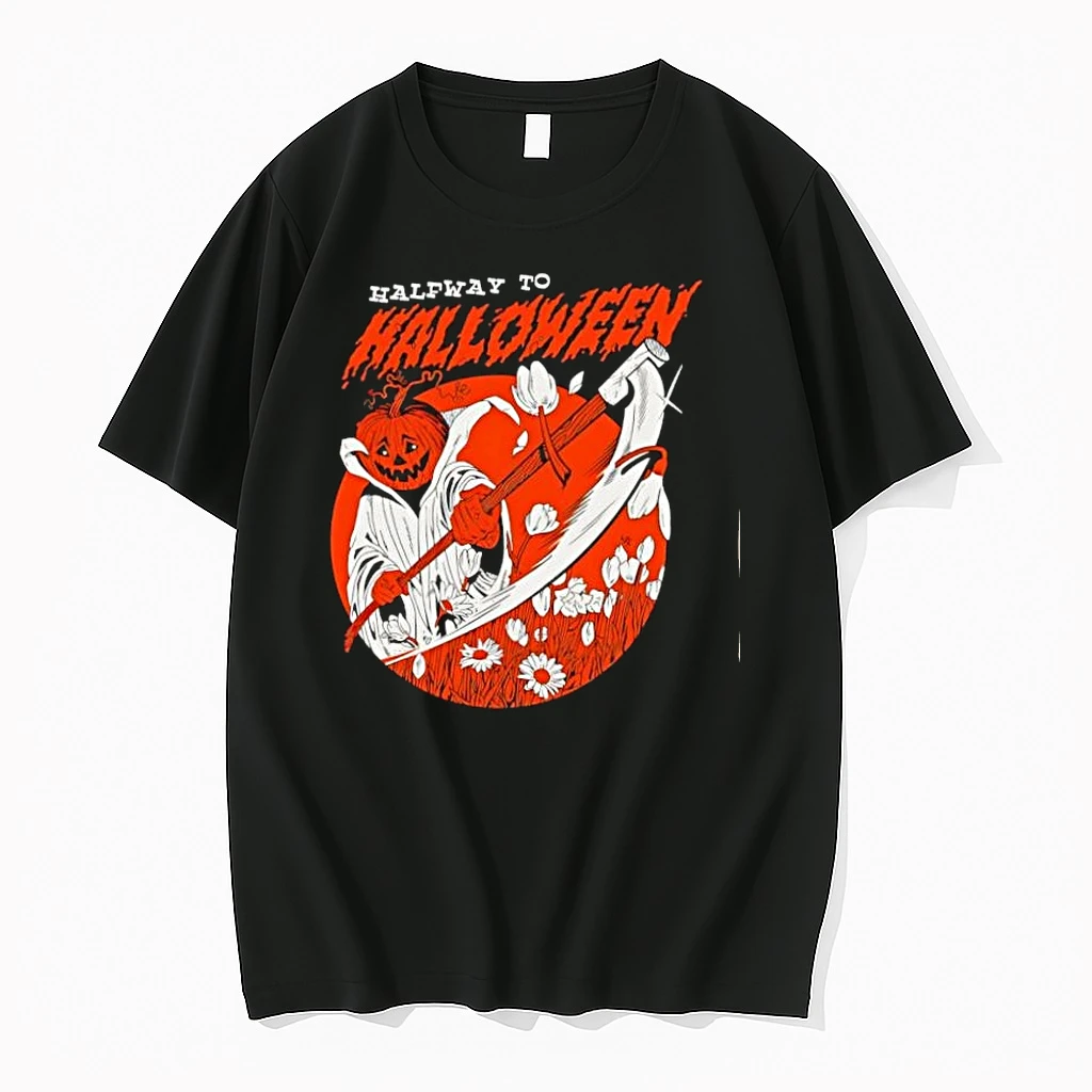 Halfway To Halloween Pumpkin Head Reaper Scythe Flowers Shirts
