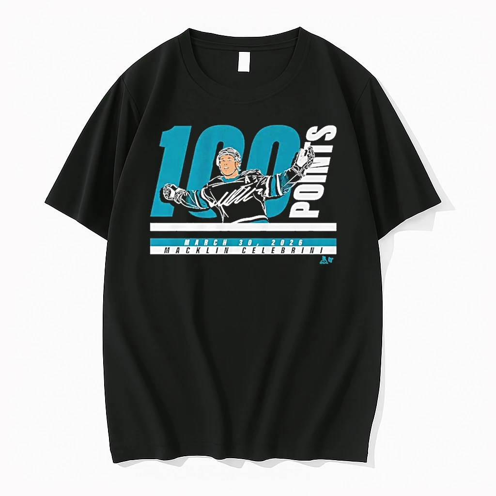 Macklin Celebrini 100 Points March 30 2026 San Jose Sharks Hockey Signature Shirts