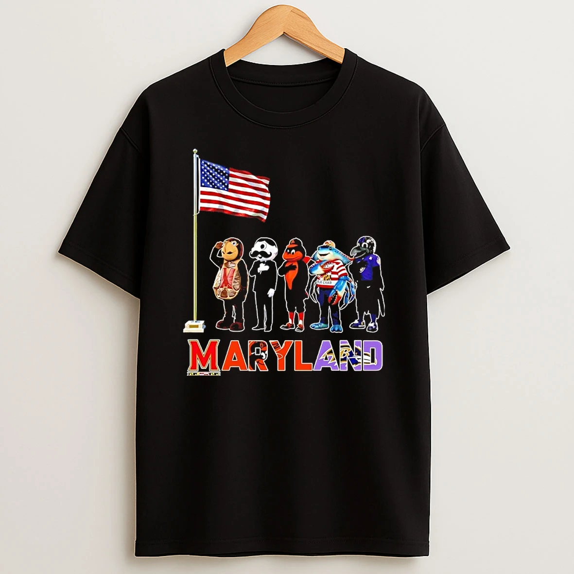 Maryland City Sports Mascot Front Of An American Flag Shirts