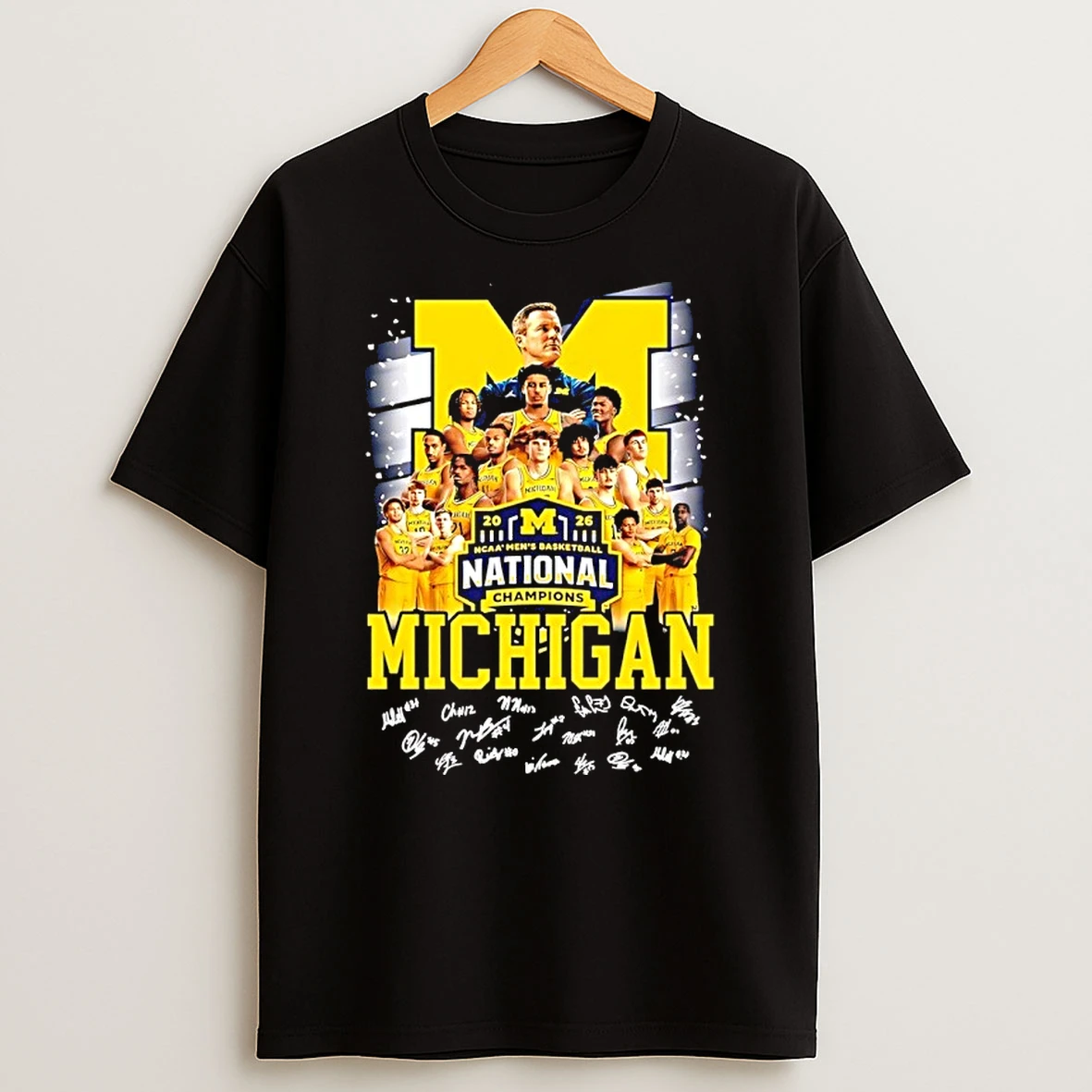 Michigan Wolverines National Champions 2026 Mens Basketball Signatures Graphic Shirts