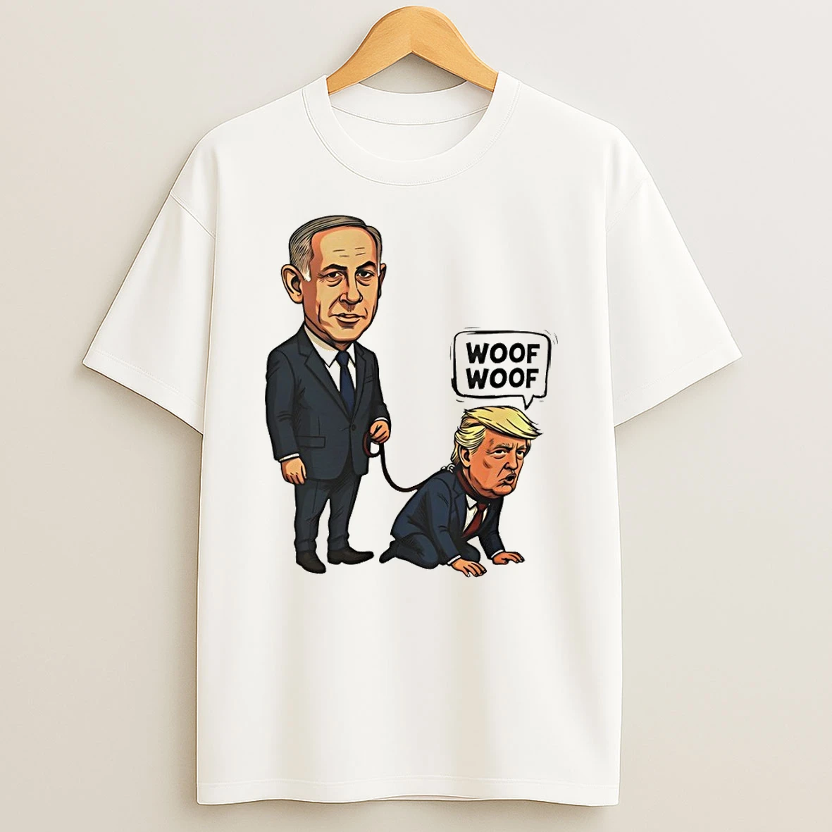Netanyahu Walking Trump Dog Woof Woof Political Satire Caricature Shirts