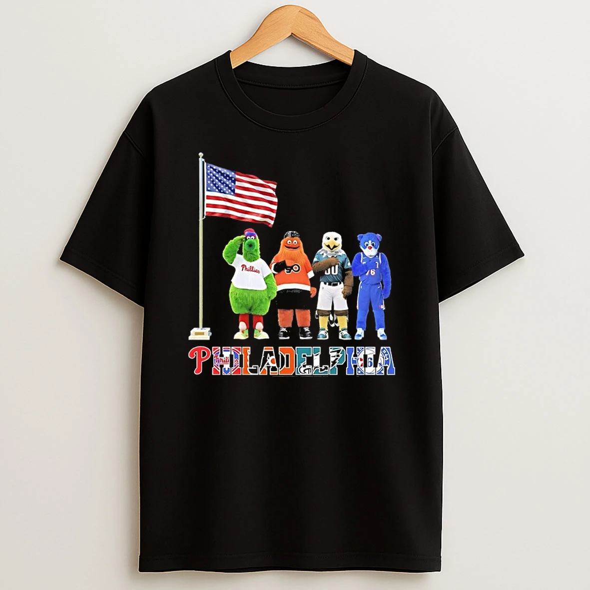 Philadelphia City Sports Mascot Front Of An American Flag Shirts