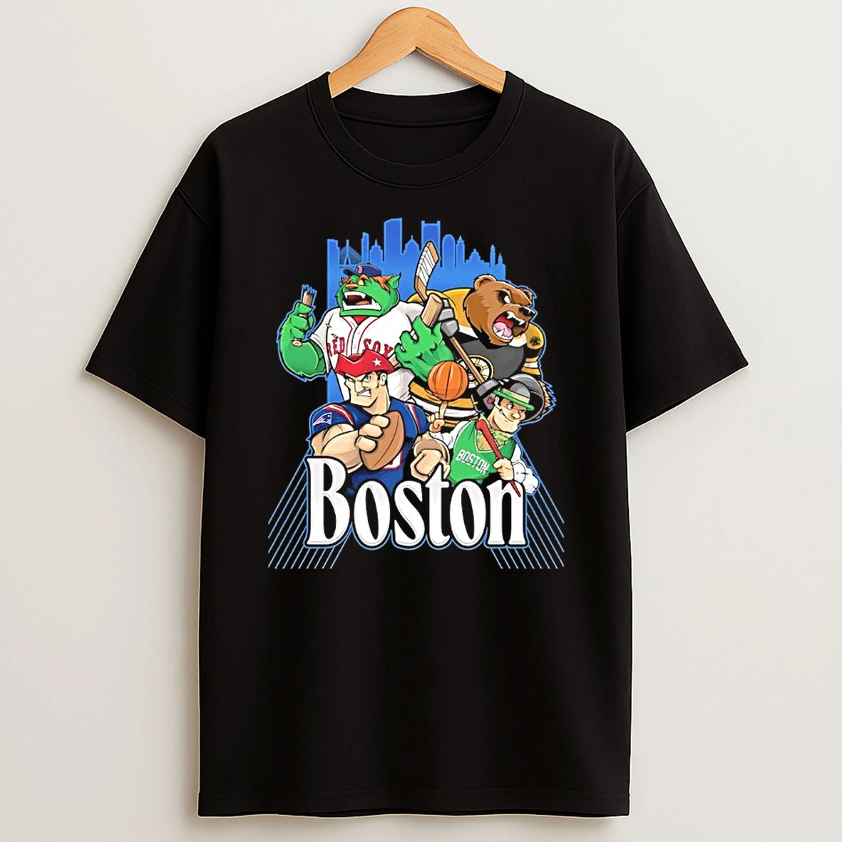Red Sox Bruins Patriots And Celtics Boston City Skyline Mascot Shirts