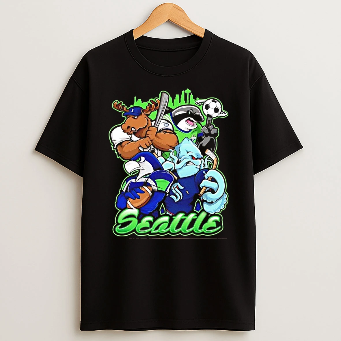 Seahawks Kraken Sounders And Mariners Seattle City Skyline Mascot Shirts