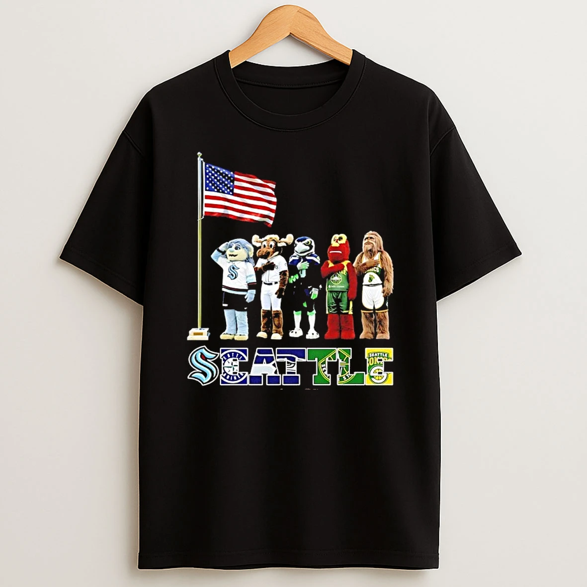 Seattle City Sports Mascot Front Of An American Flag Shirts