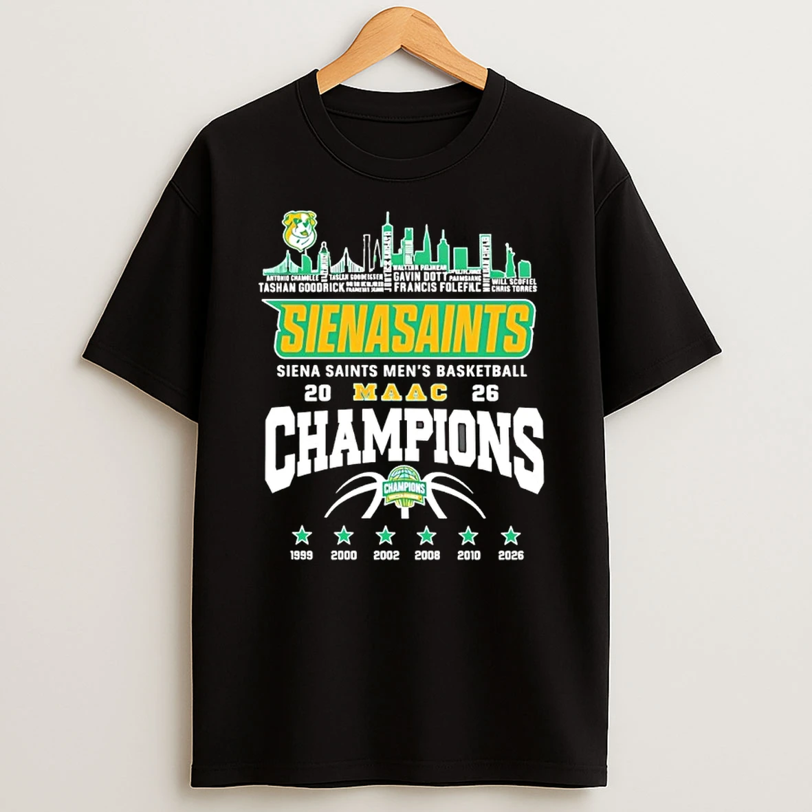 Siena Saints Mens Basketball 2026 Maac Champions Skyline City Shirts