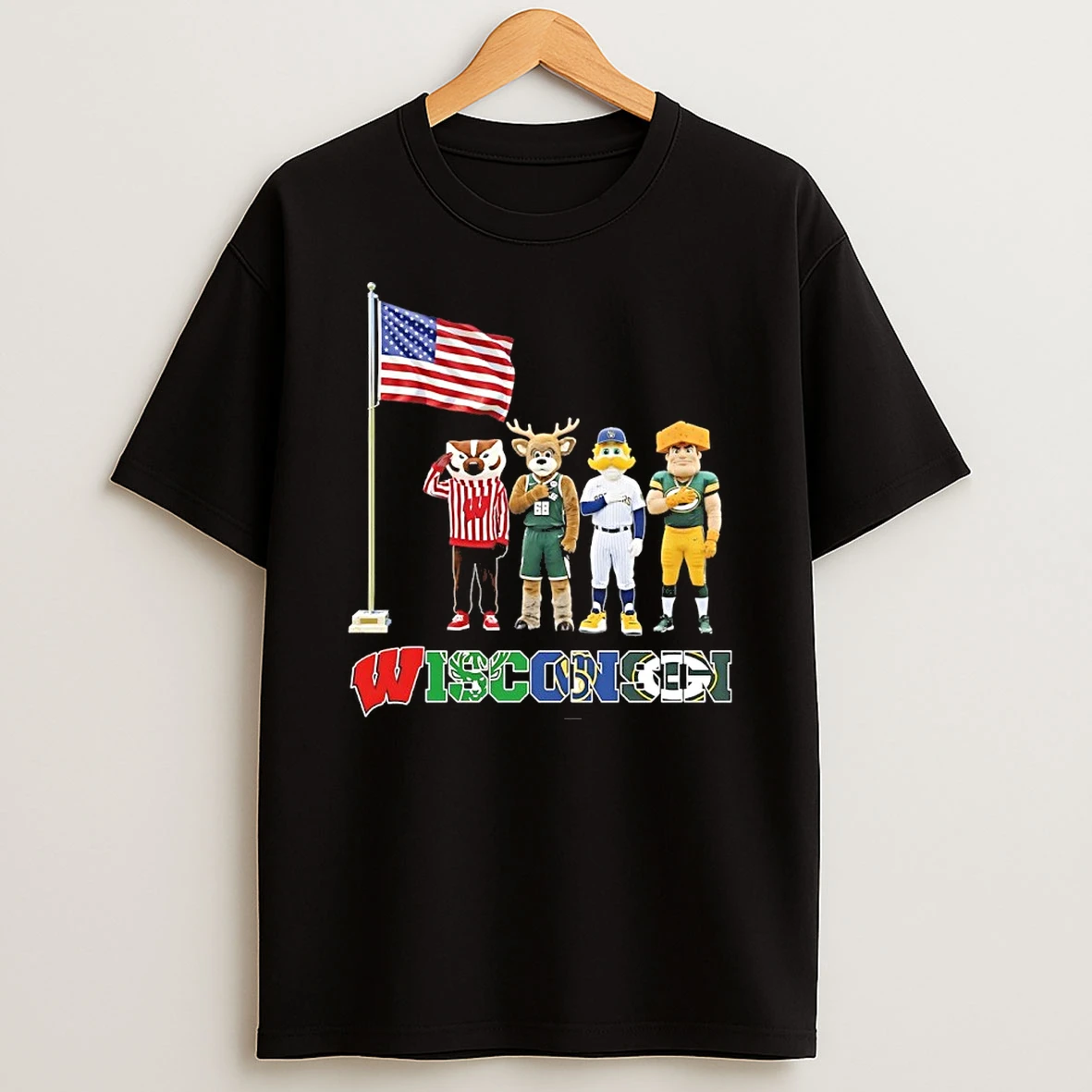 Wisconsin City Sports Mascot Front Of An American Flag Shirts