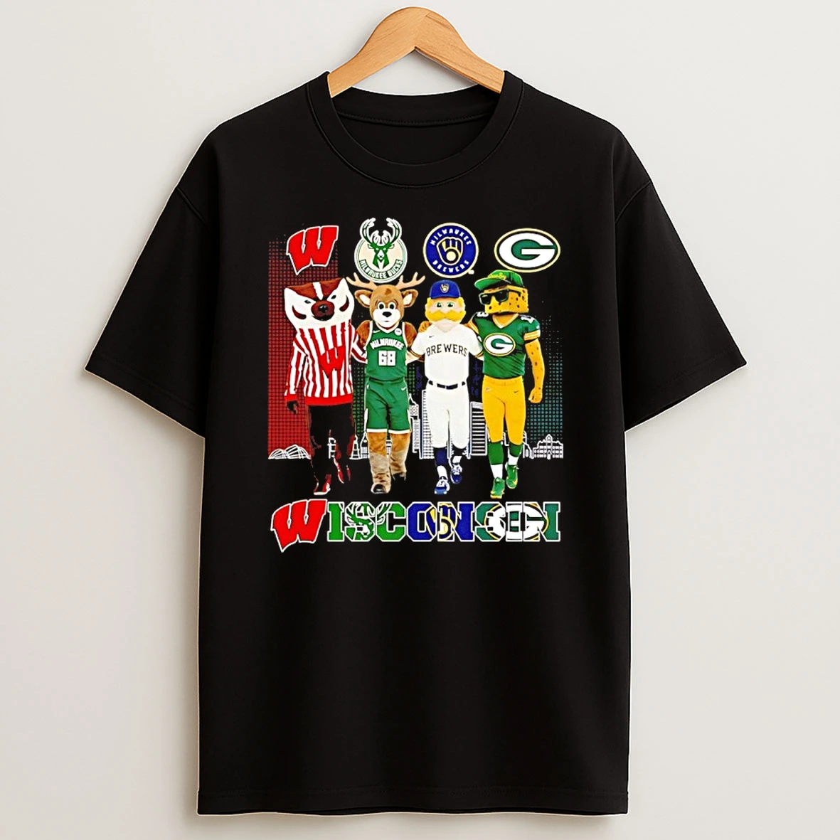 Wisconsin Sports Teams Mascot Walking Skyline City Shirts