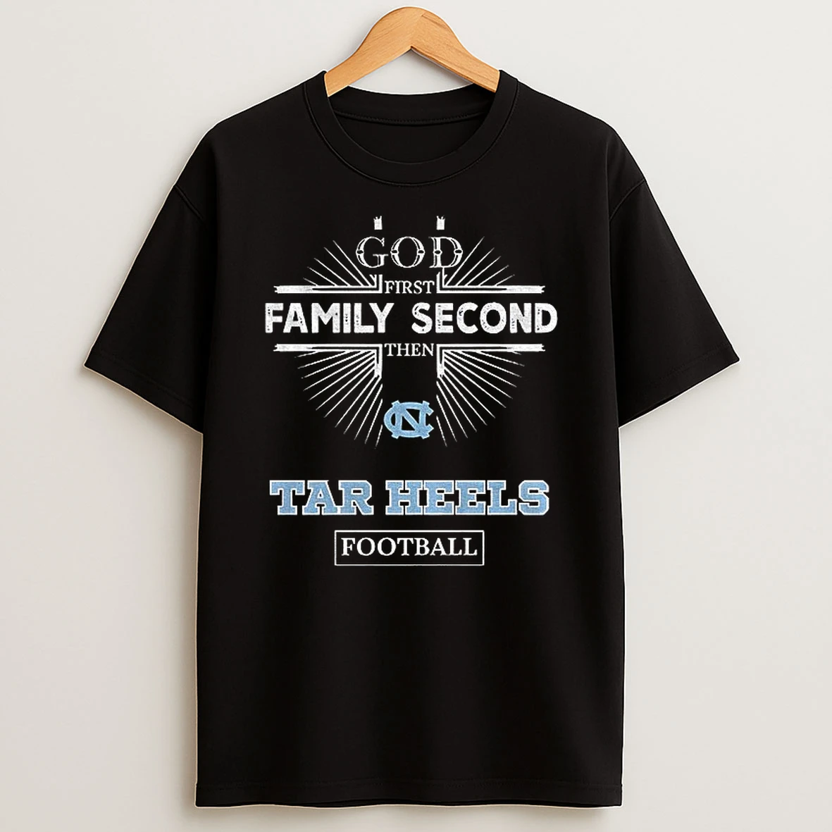 Zyuksrrn God First Family Second Then North Carolina Tar Heels Football Shirts