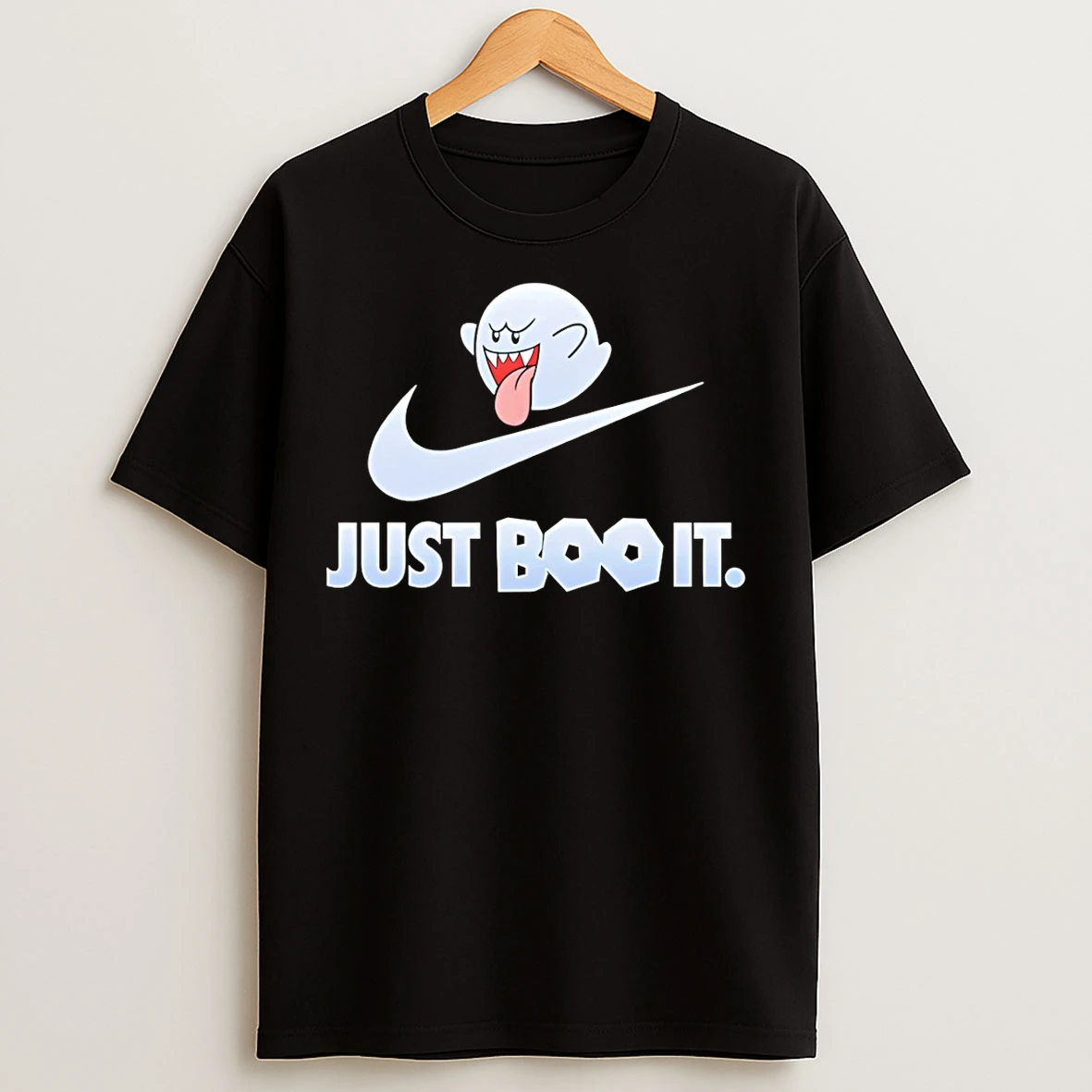 Classic Boo From The Super Mario Games Just Boo It Nike Logo T Shirts