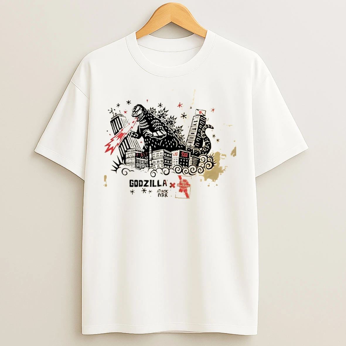 Classic Godzillas 70th Anniversary Pabst Blue Ribbon Godzilla T Shirts